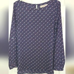 LOFT Navy, Pink  and White Diamond Patterned Blouse